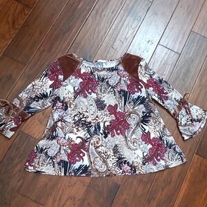 Ava James paisley boho top with velour details & bell sleeves size XL